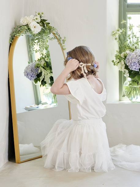 Tee-shirt couronne fleurs en relief et paillettes fille écru 