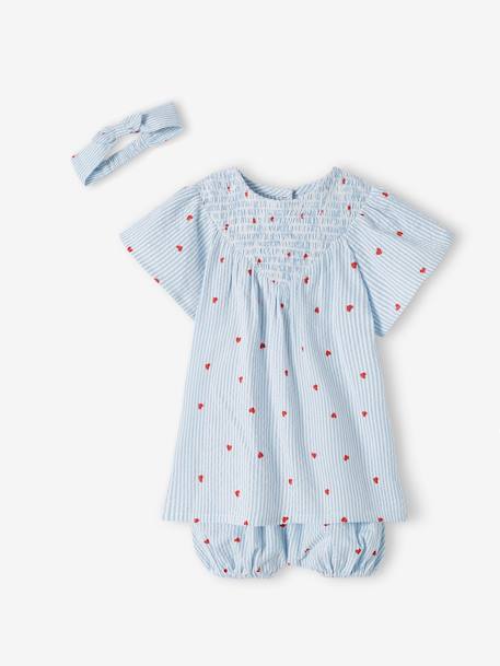 Ensemble en seersucker robe + short + bandeau bébé rayé bleu 