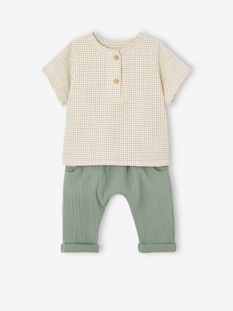 Ensemble t-shirt et pantalon en gaze de coton naissance vert de gris 