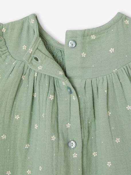 Ensemble en gaze de coton : robe + bloomer + bandeau bébé vert sauge 