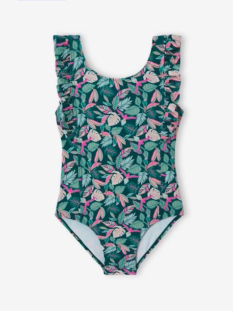 Mädchen Badeanzug mit Tropenprint Oeko-Tex tannengrün 