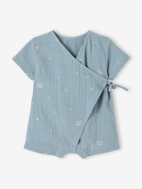 Kurzer Baby Schlafanzug, personalisierbar Oeko-Tex graublau+wollweiß 