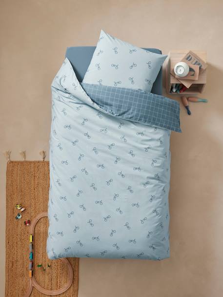 Kinder Bettwäsche-Set FAHRRÄDER & KAROS mit Recycling-Baumwolle blau bedruckt 