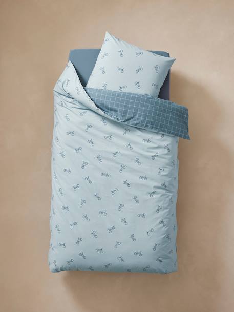 Pack housse de couette + taie d'oreiller essentiels Réversible CARREAUX VELOS, avec coton recyclé bleu imprimé 
