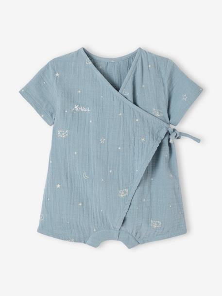 Pyjashort en gaze de coton bébé personnalisable bleu grisé+écru 