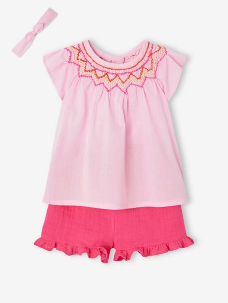 Ensemble blouse, short et bandeau bébé rose 