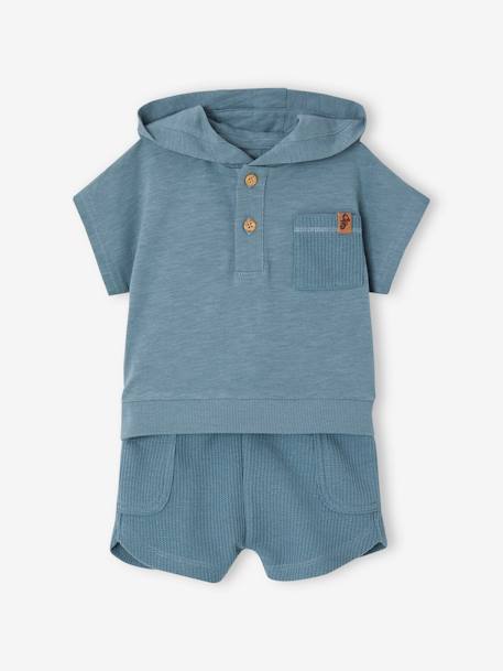 Ensemble bébé T-shirt à capuche et short en nid d'abeille bleu canard 