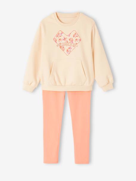 Ensemble de sport sweat motif coeur et legging technique fille écru+pêche 