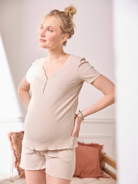 Sommer-Schlafanzug für Schwangerschaft & Stillzeit, Rippjersey beige meliert 