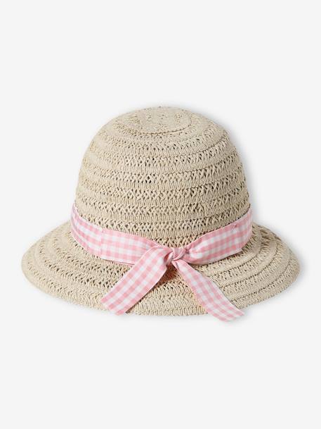 Chapeau en paille de papier et ruban vichy bébé fille écru 