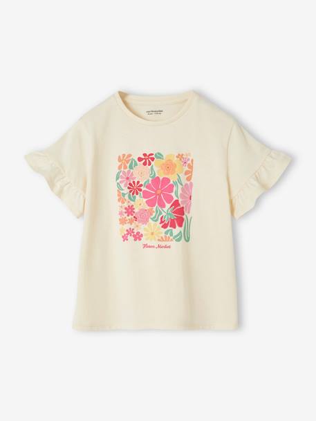 Tee-shirt fantaisie fleurs en cochet fille manches à volants écru 