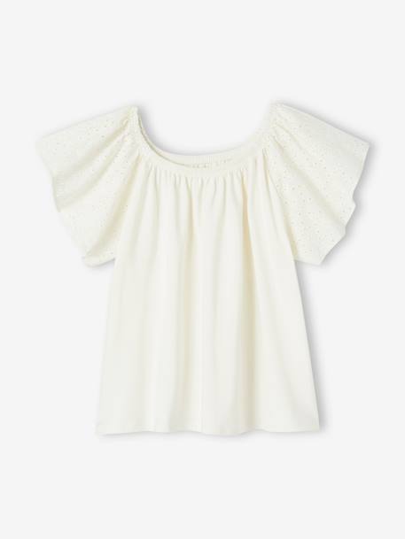 Tee-shirt manches en broderies anglaises fille écru+marine 