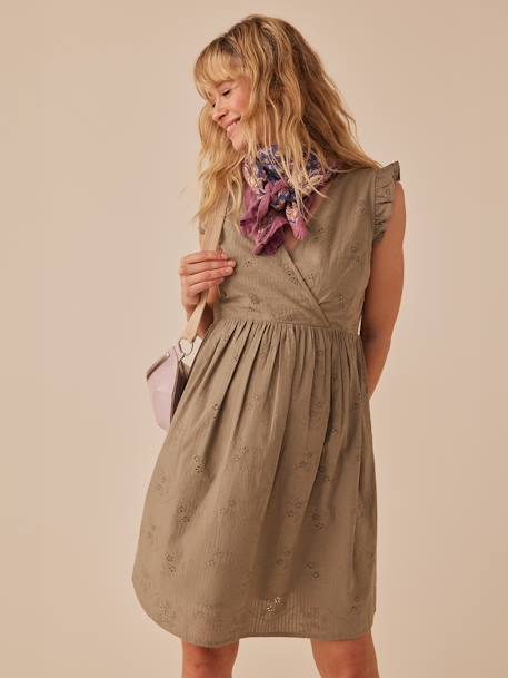 Kurzes Kleid für Schwangerschaft & Stillzeit ENVIE DE FRAISE, Lochstickereien khaki 