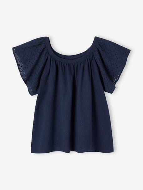 Tee-shirt manches en broderies anglaises fille écru+marine 