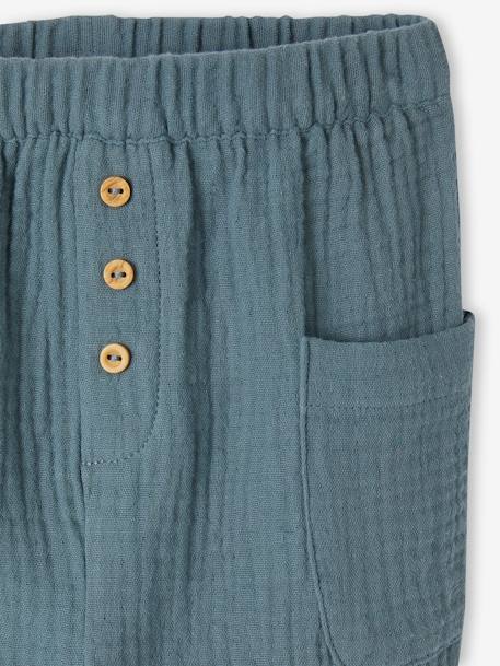 Pantalon bébé en gaze de coton beige bois+bleu canard 