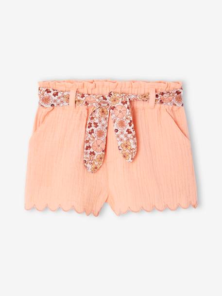 Short bébé en gaze de coton avec ceinture fleurie abricot+écru+marine 