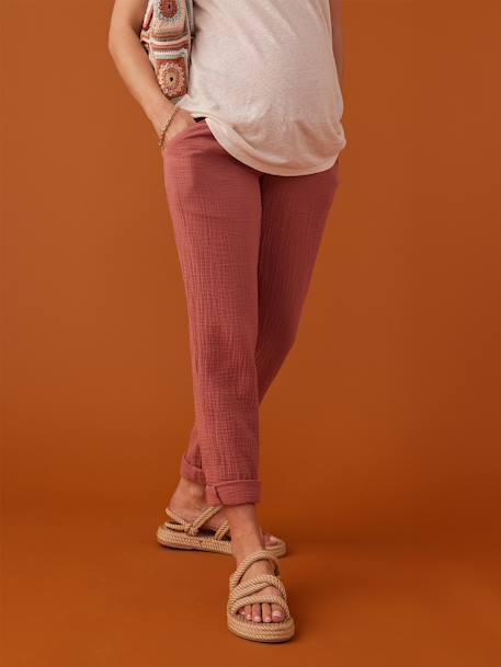 Pantalon grossesse en gaze de coton style paperbag ENVIE DE FRAISE sable+vieux rose 