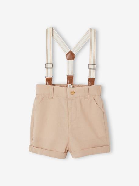 Ensemble cérémonie bébé : chemise + short + bretelles taupe 