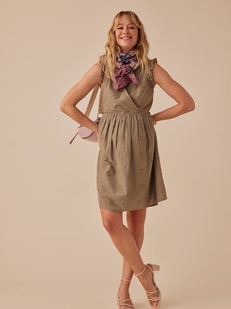 Kurzes Kleid für Schwangerschaft & Stillzeit ENVIE DE FRAISE, Lochstickereien khaki 