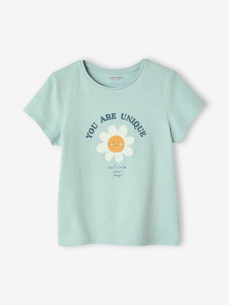 Tee-shirt à message Basics fille bleu ciel+corail+écru+fraise+marine+rose bonbon+rouge+vanille+vert sapin 