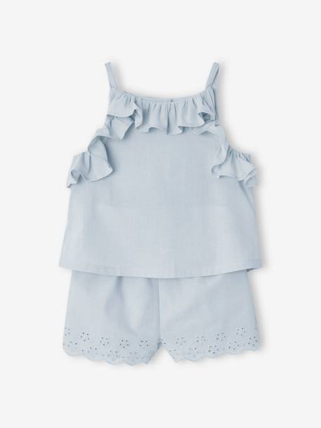 Ensemble bébé : blouse à bretelles + short brodé bleu glacier 