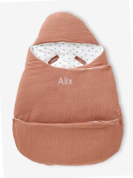 2-in-1 Baby Ausfahrsack/Wickelunterlage, Musselin beige bedruckt+cappuccino+GRÜN+terrakotta+wollweiß 
