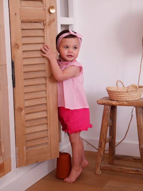 Ensemble blouse, short et bandeau bébé rose 