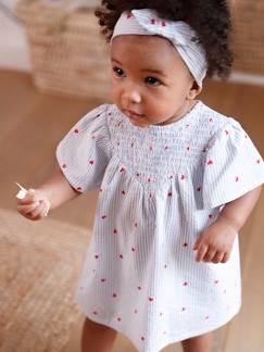 Baby-Baby-Set aus Seersucker: Kleid, Shorts & Haarband