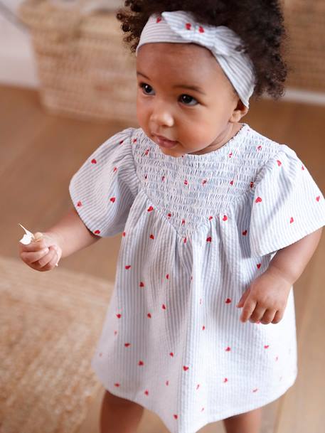 Ensemble en seersucker robe + short + bandeau bébé rayé bleu 