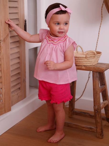 Ensemble blouse, short et bandeau bébé rose 