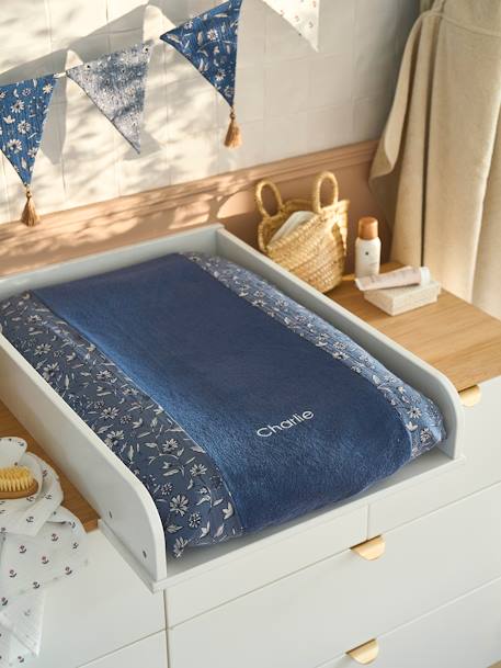 Housse de matelas à langer bi-matière gaze de coton/éponge bleu imprimé+vert céladon 