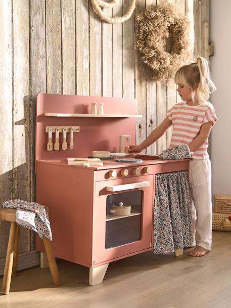 Cuisinette équipée avec rideau - en bois FSC® framboise+multicolore 