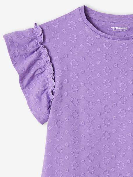 Tee-shirt brodé fleurs fille manches à volant violet 