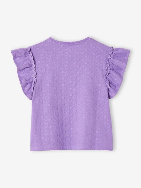 Tee-shirt brodé fleurs fille manches à volant violet 