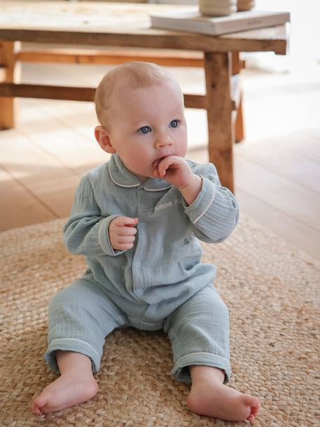 Capsule Bonne nuit: Baby Schlafanzug aus Musselin, personalisierbar salbeigrün 