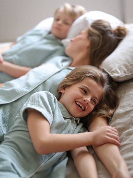 Pyjama shor en gaze de coton fille Team Famille personnalisable vert sauge 