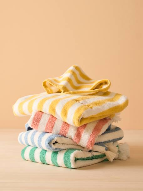 Gestreifter Bade-Poncho mit Pompons, personalisierbar blau gestreift+gelb gestreift+grün/weiß gestreift+rosa gestreift 
