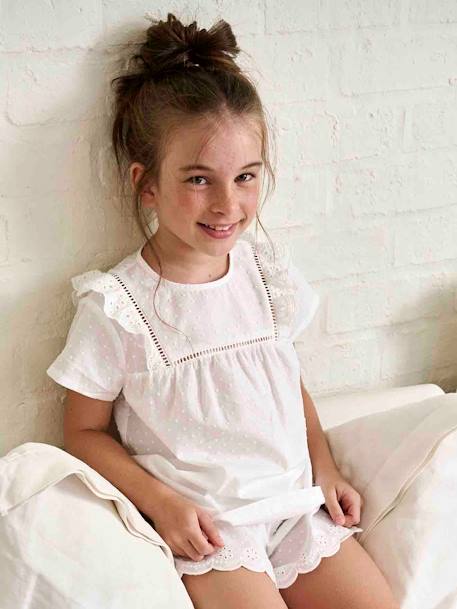Mädchen Sommer-Schlafanzug mit Lochstickerei wollweiß 