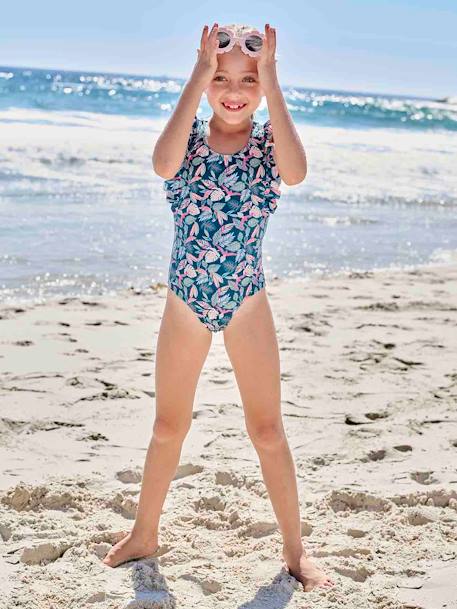 Mädchen Badeanzug mit Tropenprint Oeko-Tex tannengrün 
