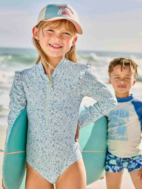Langärmeliger Mädchen Badeanzug mit UV-Schutz Oeko-Tex graublau 