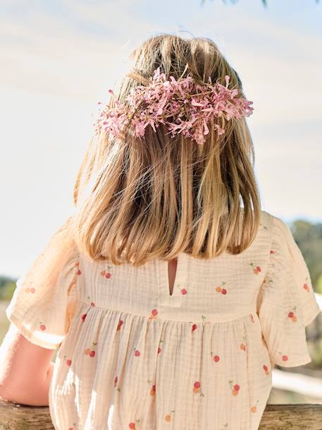 Blouse imprimée en gaze de coton bio fille manches papillon écru+rose 