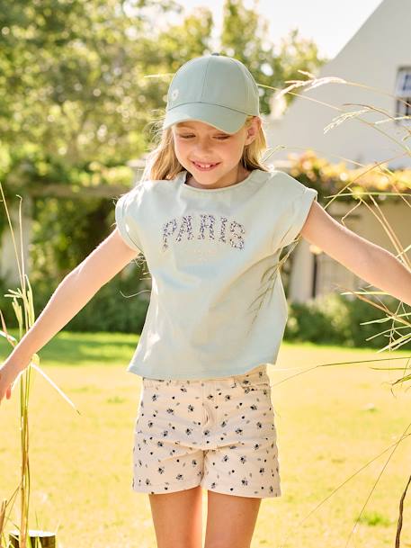 T-shirt à message motifs fleurs fille bleu ciel+écru+jaune pâle+marine 