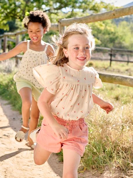 Blouse imprimée en gaze de coton bio fille manches papillon écru+rose 