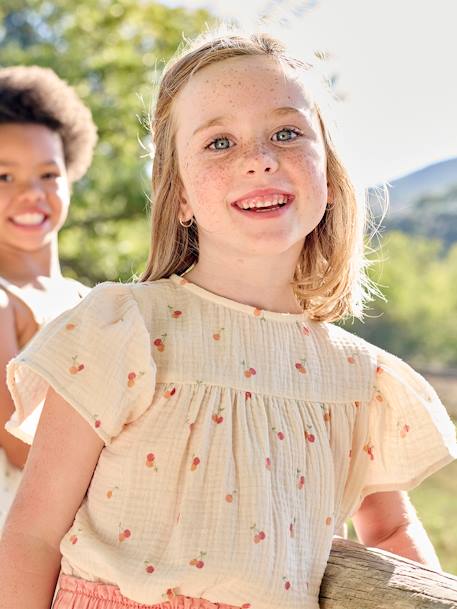 Blouse imprimée en gaze de coton bio fille manches papillon écru+rose 