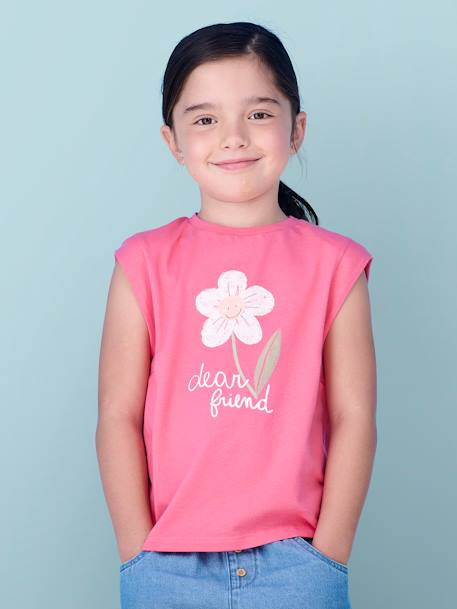 T-shirt à épaulettes motif placé fille écru+rose bonbon 