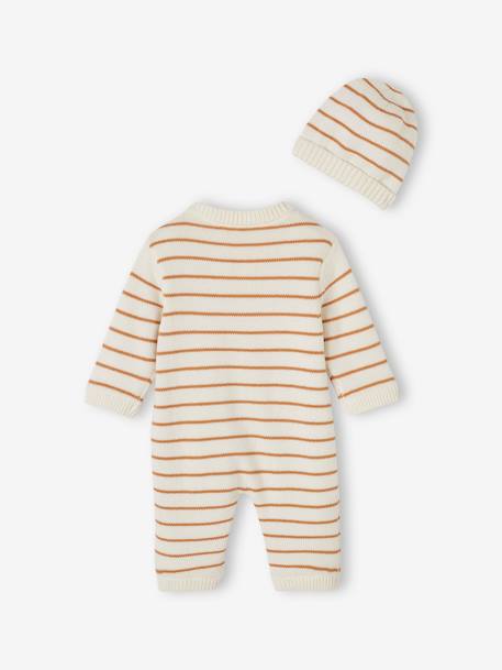 Ensemble combinaison et bonnet en tricot rayé bébé noisette 