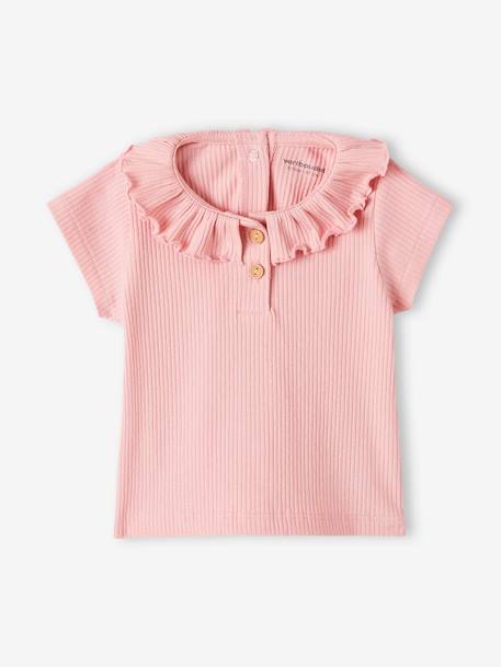 Mädchen Baby T-Shirt mit Zierkragen Oeko-Tex rosa+wollweiß 