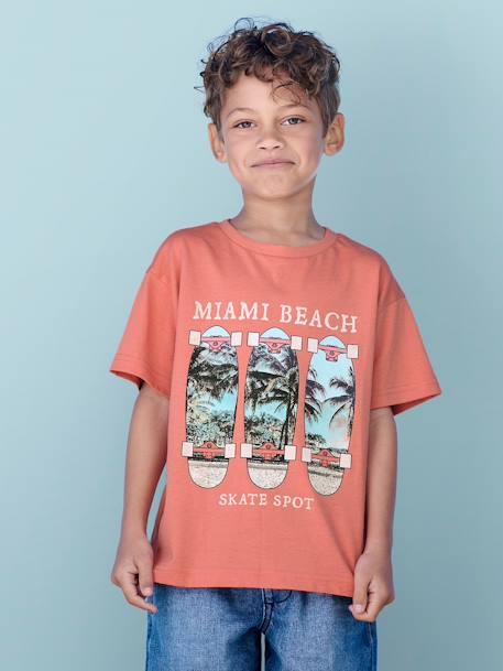 Jungen T-Shirt mit Fotoprint, Recycling-Baumwolle ecru+koralle+wasserblau 