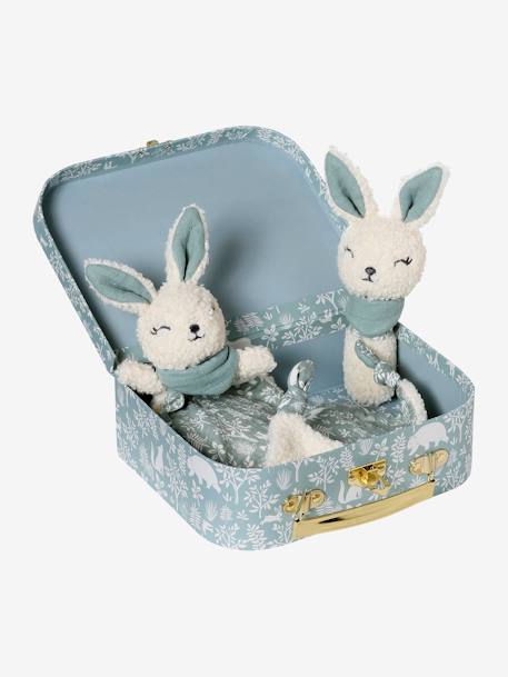 Doudou plat lapin personnalisable + hochet en mallette vert 
