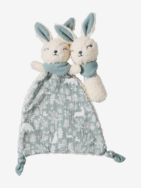 Doudou plat lapin personnalisable + hochet en mallette vert 